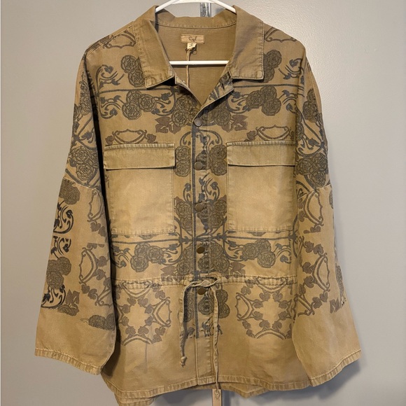 Easel Women’s button up jacket deep khaki floral stamped design drawstring Small - Picture 2 of 9